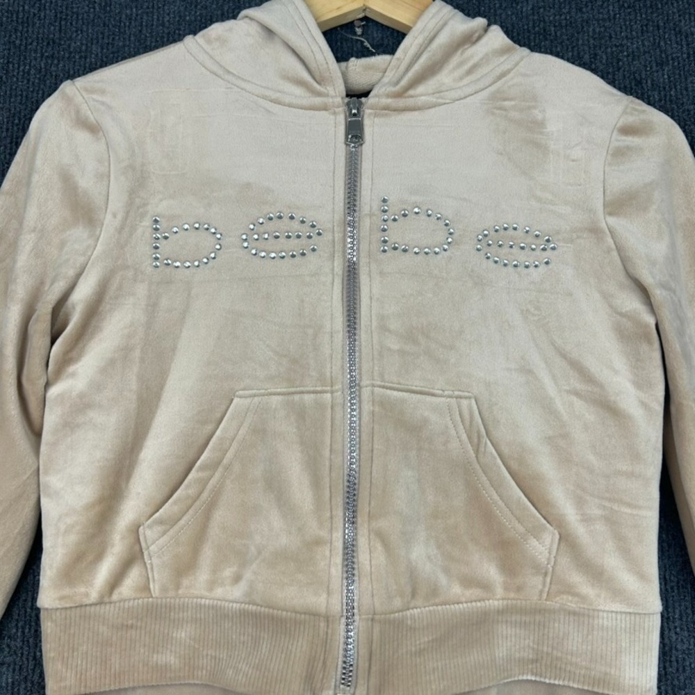 bebe Beige Velour Tracksuit Zip Up Hoodie Rhinestone 'bebe' Spell Out - Medium - Picture 2 of 16